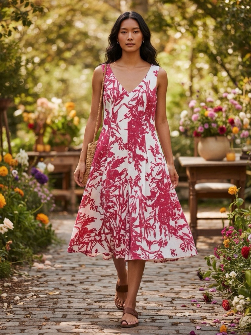 Coldwater Creek Midi Dress Linen Red White Floral Sz 10 NWT  Coastal Pleated